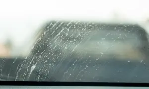 Smugi i białe plamy na szybie samochodowej po deszczu.