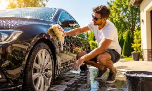 Mężczyzna w okularach przeciwsłonecznych myje czarny samochód gąbką, pokazując, jak myc auto. Słońce odbija się w mokrej karoserii.
