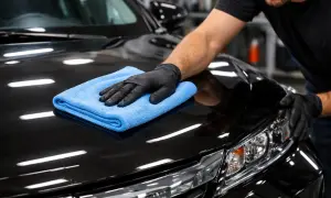 Ręka w czarnej rękawiczce poleruje błyszczącą maskę czarnego auta niebieską mikrofibrą. Czy po woskowaniu płukać auto?