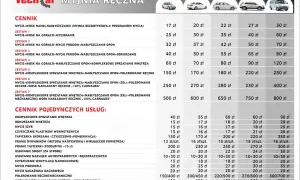 Cennik usług myjni ręcznej Techcar: mycie detailingowe, wosk, polerowanie, pranie tapicerki i inne. Ceny zależą od klasy samochodu.