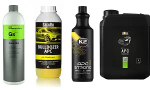 Cztery butelki i kanister z APC do plastiku i innych powierzchni. Koch Chemie Green Star, ExceDe Bulldozer APC, K2 APC Strong, ADBL APC.