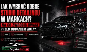Czarny, lśniący samochód w studiu detailingowym. Poradnik, jak wybrać najlepsze firmy detailingowe w Markach, by auto było perfekcyjne.