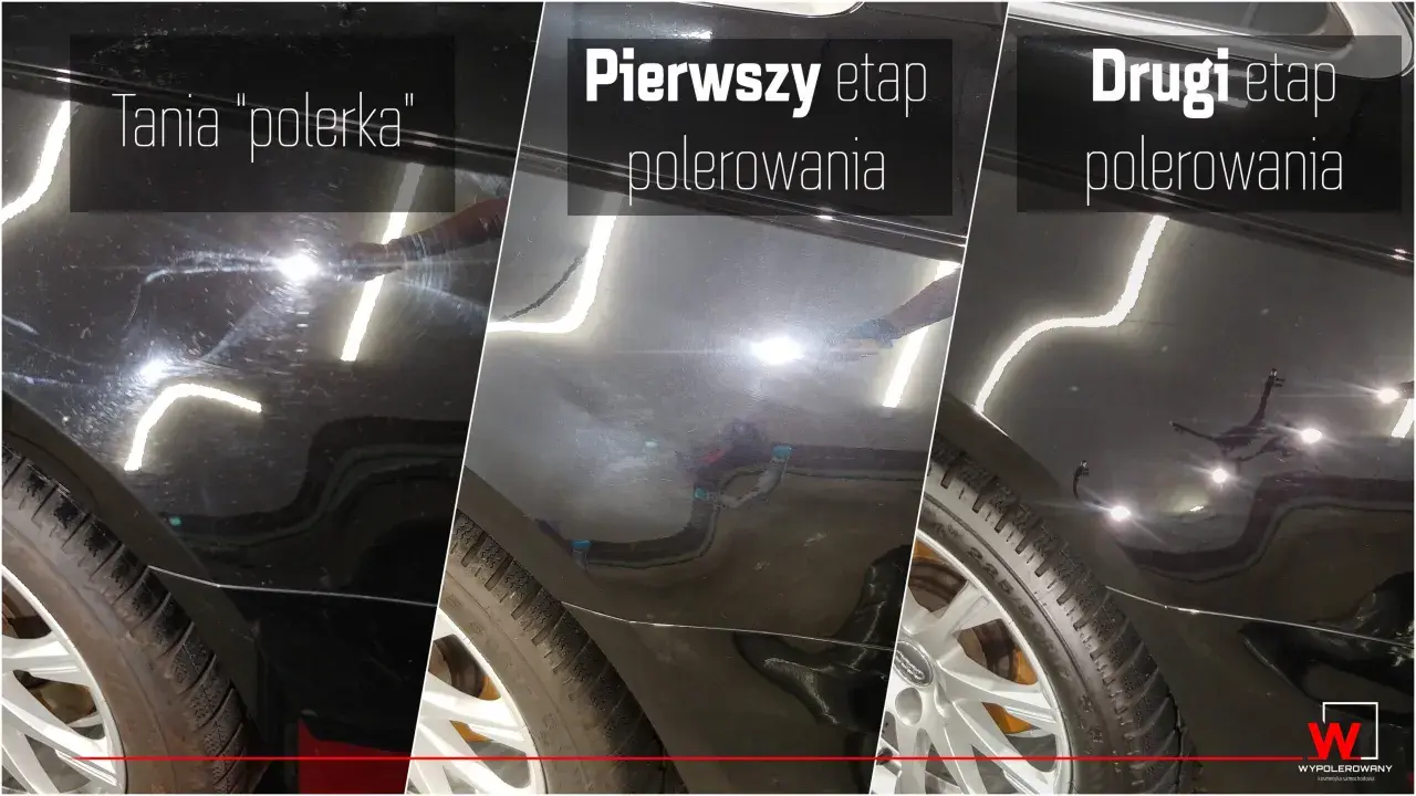 Porównanie efektów: tania "polerka" vs. pierwszy i drugi etap polerowania. Zobacz, ile trwa polerowanie auta dla najlepszych rezultatów.