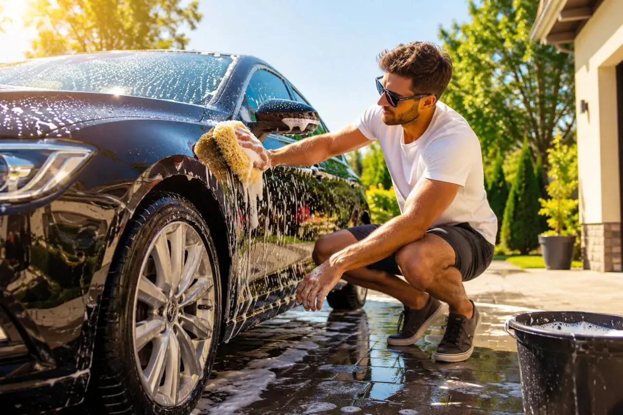 Mężczyzna w okularach przeciwsłonecznych myje czarny samochód gąbką, pokazując, jak myc auto. Słońce odbija się w mokrej karoserii.