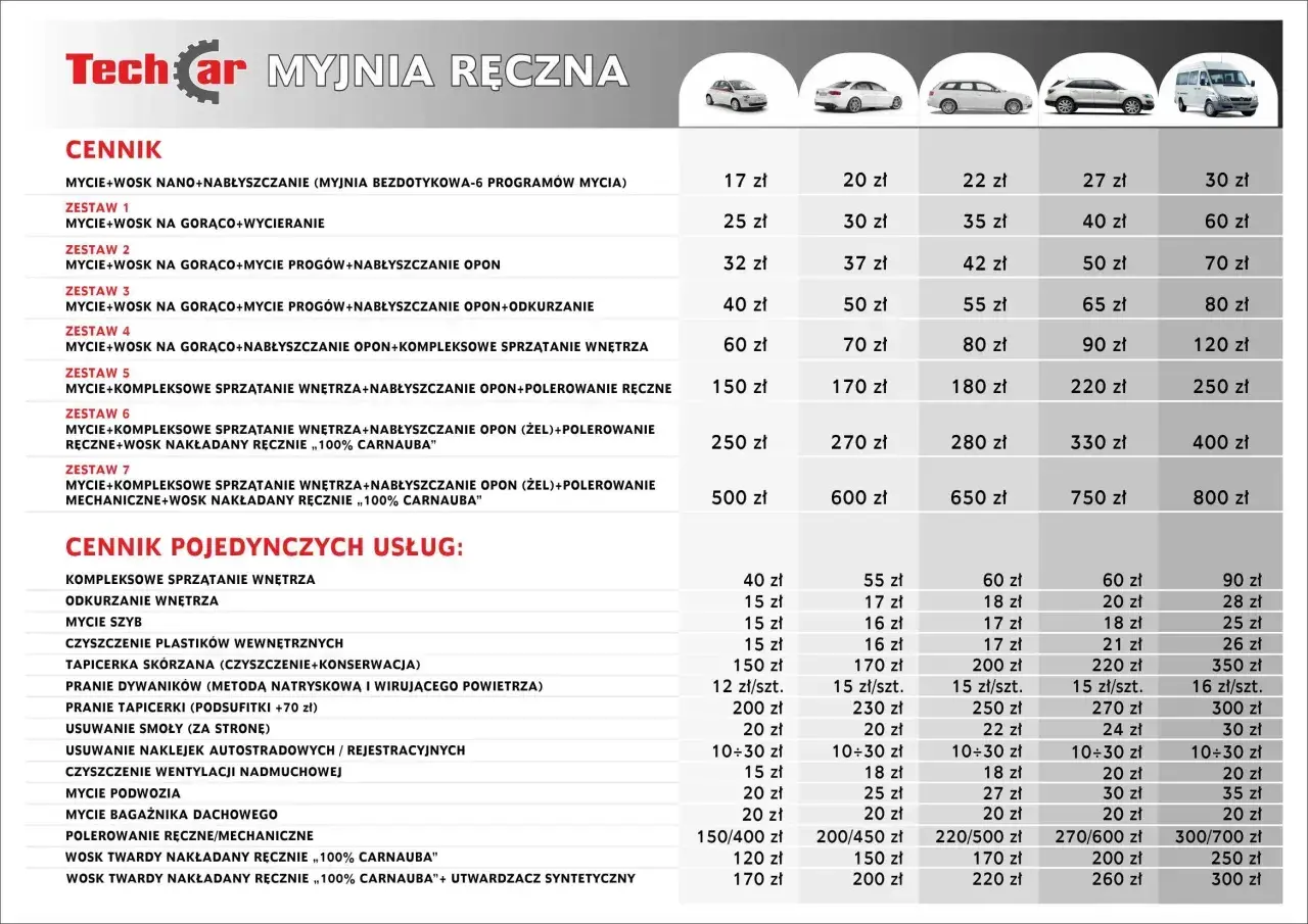 Cennik usług myjni ręcznej Techcar: mycie detailingowe, wosk, polerowanie, pranie tapicerki i inne. Ceny zależą od klasy samochodu.