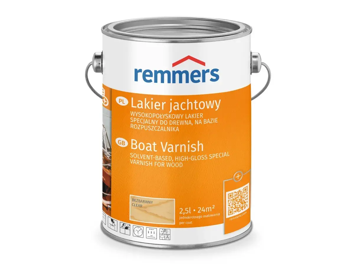 Puszka lakieru jachtowego Remmers. Bezbarwny lakier do drewna, idealny do malowania łodzi.