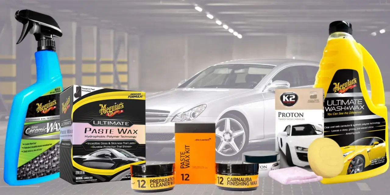 Zestaw kosmetyków samochodowych Meguiar's i K2, w tym najtrwalsze woski samochodowe, do kompleksowej pielęgnacji lakieru.