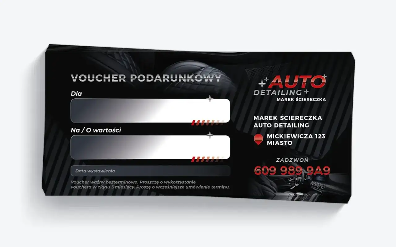Voucher podarunkowy do "Auto Detailing" Marka Ściereczka. Idealny prezent dla miłośnika lśniących aut.