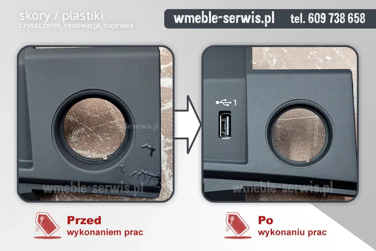 Przed i po odnawianiu plastików zewnętrznych. Uszkodzony element zyskał nowe życie, odzyskując pierwotny wygląd.