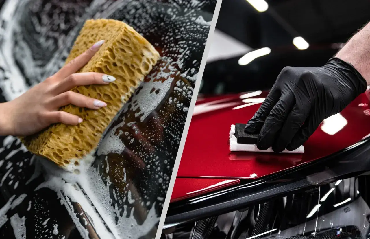 Myjnia detailing: ręczne mycie auta gąbką i aplikacja powłoki ceramicznej na lakierze.