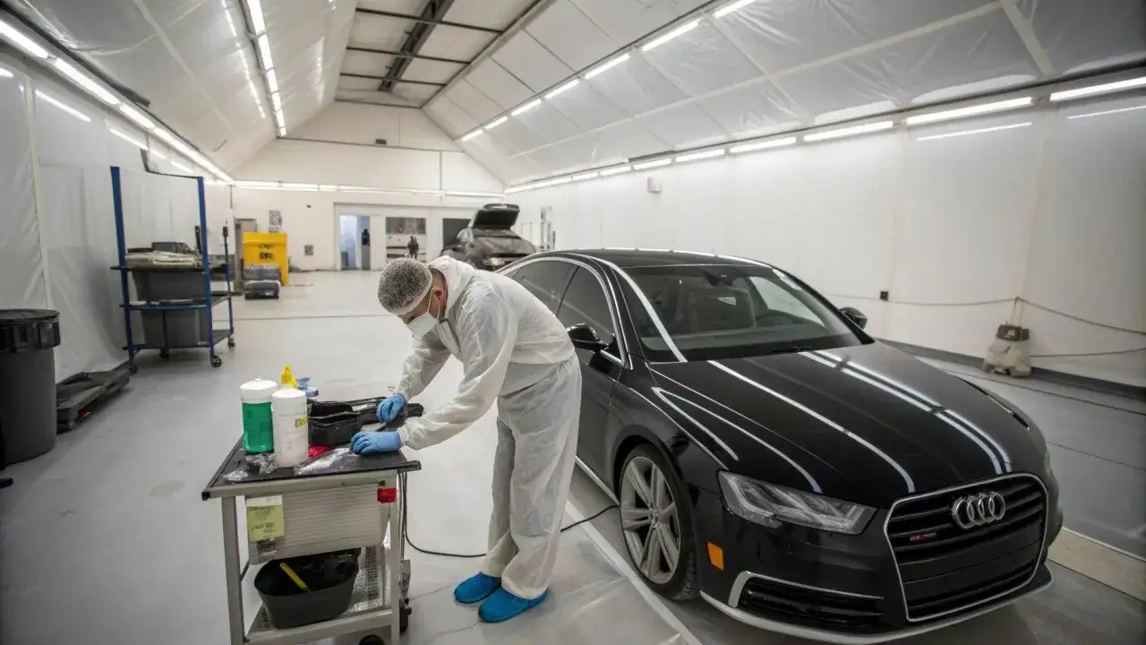Pracownik w kombinezonie przygotowuje się do lakierowania dachu czarnego Audi.