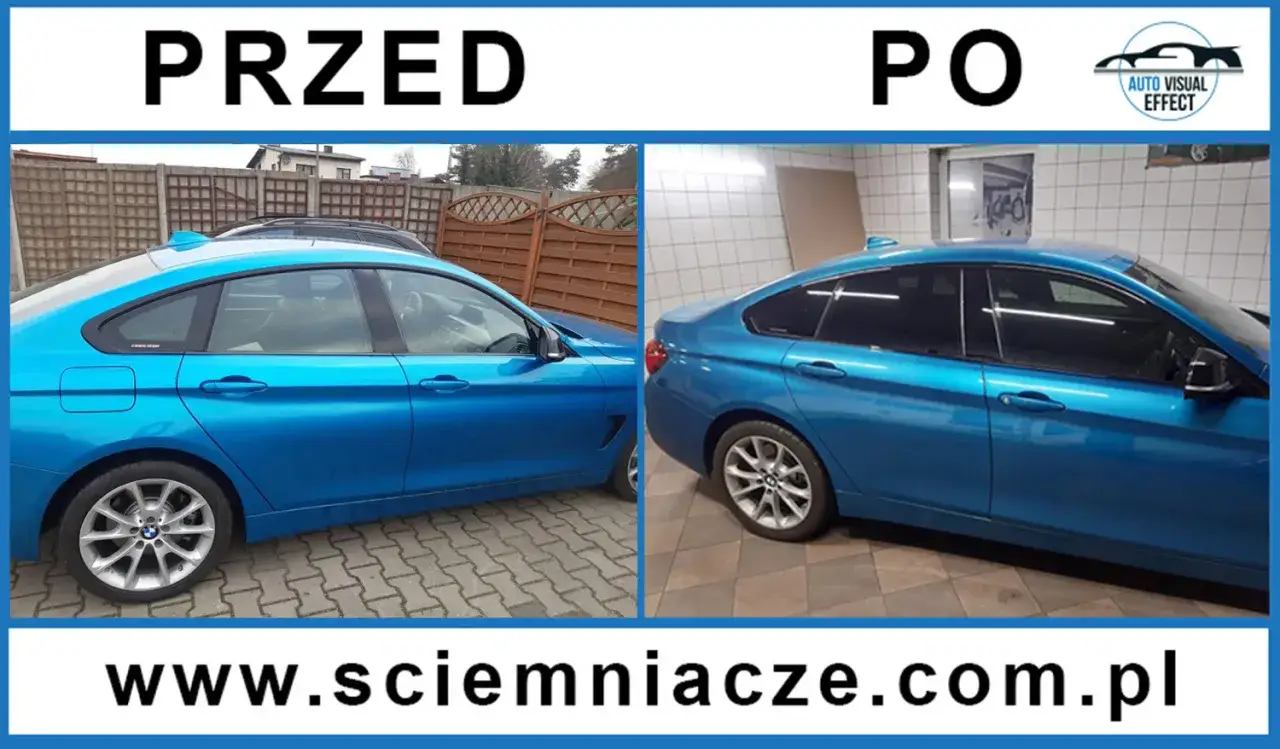 Niebieskie BMW przed i po przyciemnianiu szyb. Zobacz efekt przyciemnianie szyb przed i po na tym aucie.