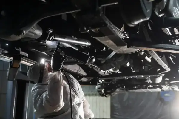 Mechanik w kombinezonie ochronnym wykonuje konserwację podwozia bez kanału, używając pistoletu do aplikacji środka.
