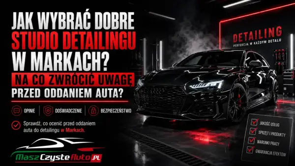 Czarny, lśniący samochód w studiu detailingowym. Poradnik, jak wybrać najlepsze firmy detailingowe w Markach, by auto było perfekcyjne.